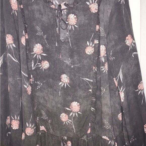 Caslon Black Dress Pink Floral Print LS Scoop Tie Ruffle Accents Drop Waist S - Picture 5 of 13